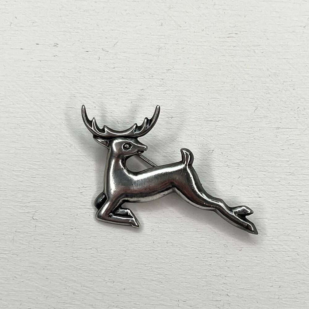 Vintage Mid Century Mexico 925 Sterling Silver Leaping Deer Stag Brooch Pin